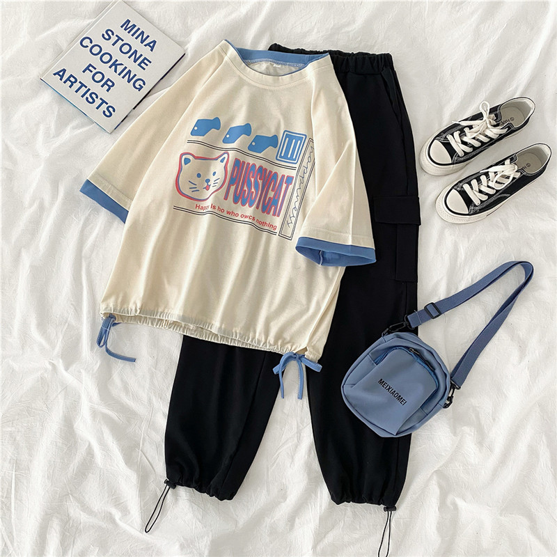 2021 real shot summer fattening plus size women's fat mm fat sister slim Capris short sleeve two piece suit