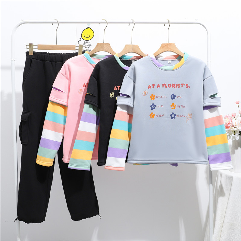 Real shot ~ New Winter round neck color matching thickened Plush sweater two piece suit