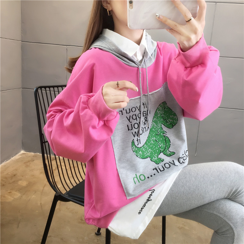 Real shot spring loose thin cartoon casual loose long sleeve women's large size women's dress show thin T-shirt