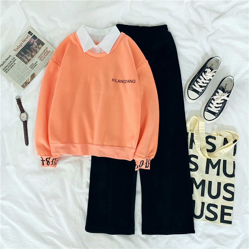 Real shot ~ new autumn and winter holiday two piece loose Polo doll collar color matching thickened Plush sweater set