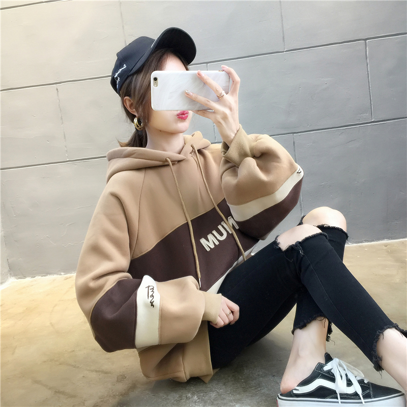 Real shot plush plush languid jacket Plush sweater female thick hooded Hong Kong style student large T
