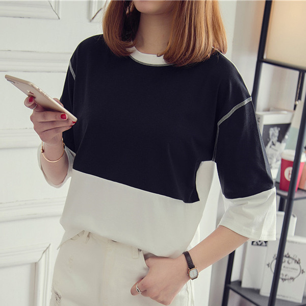 2021 spring new summer dress color matching and stitching, front short back long 7 / 3 sleeve short sleeve T-shirt for women