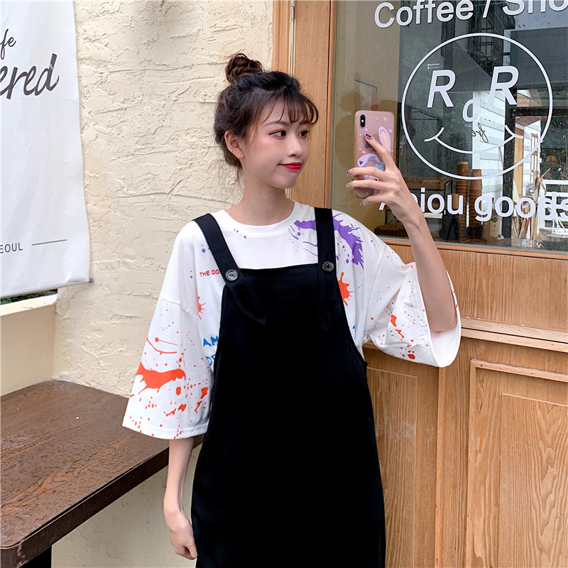 Real shot Short Sleeve T + strap skirt two piece suit women's middle and long fashion style foreign style slim dress