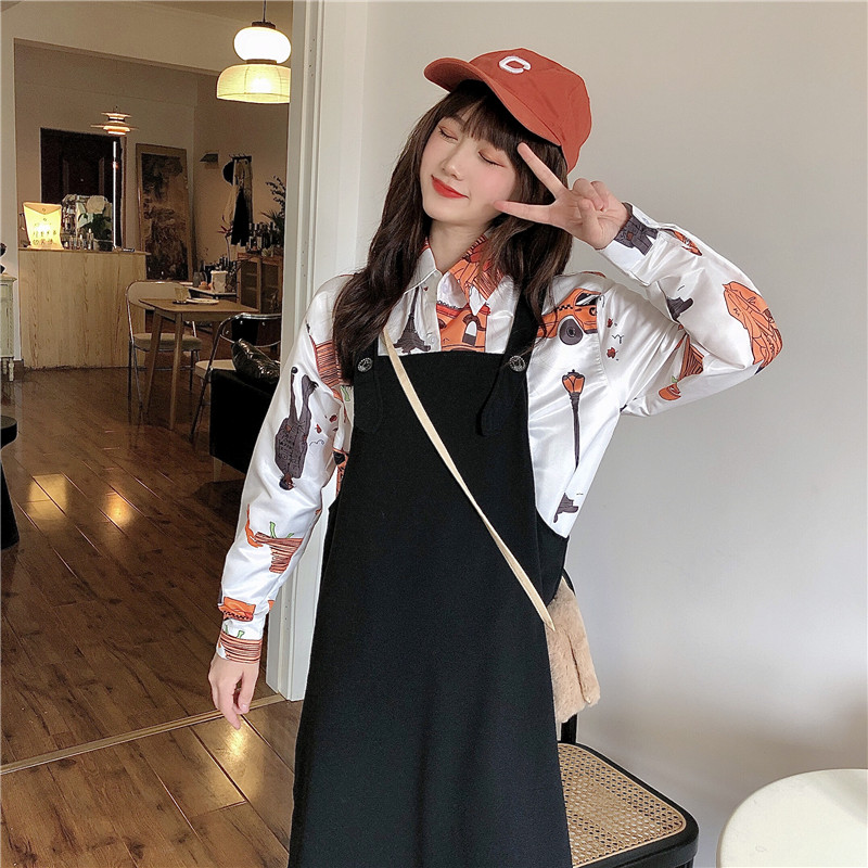 Spring dress long sleeve shirt with back and skirt two piece suit