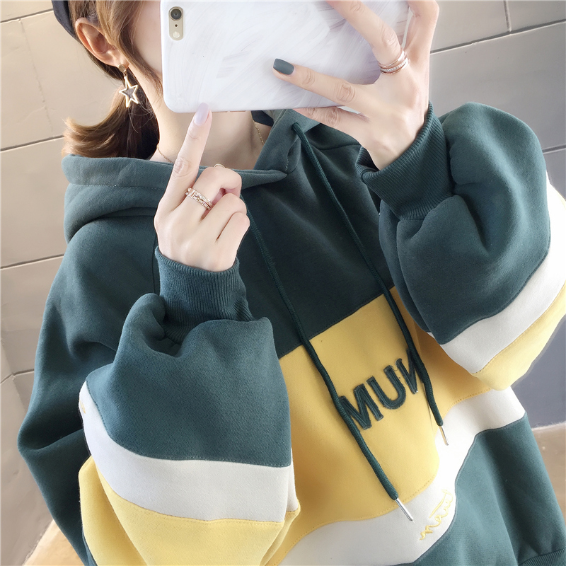 Real shot plush plush languid jacket Plush sweater female thick hooded Hong Kong style student large T coat