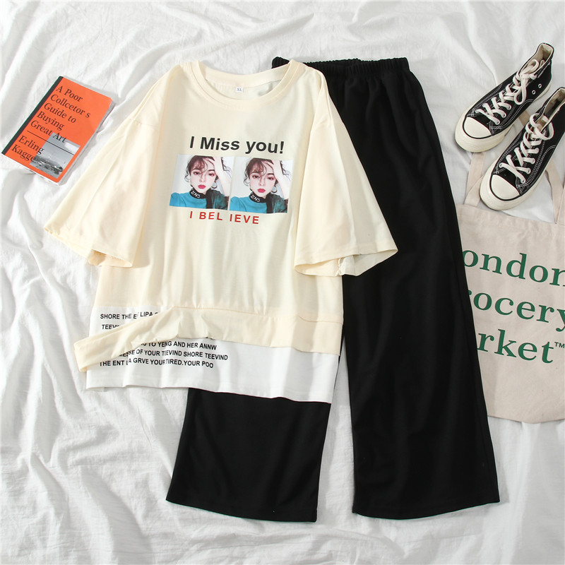 2021 summer fattening plus plus size women's dress fat mm fat sister showing thin Capris short sleeve two piece suit