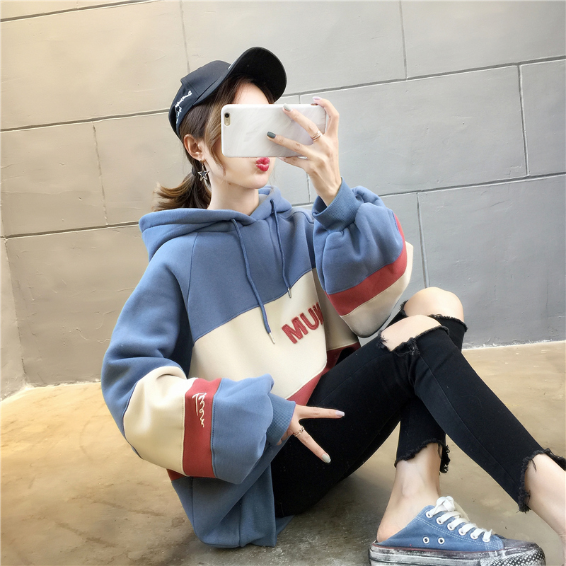 Real shot plush plush languid jacket Plush sweater female thick hooded Hong Kong style student large T coat