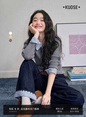 阔色条纹假两件polo领上衣灰色女2025秋季新款黄色修身显瘦针织衫