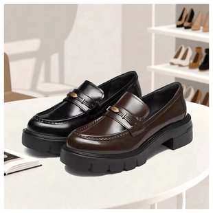 商场同款2025秋叶伯爵乐福鞋英伦复古厚底粗跟黑色小皮鞋深口单鞋