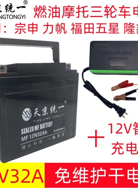 天京统一汽油三轮摩托车电瓶12V9A1232A免维护蓄电池宗申福田隆鑫