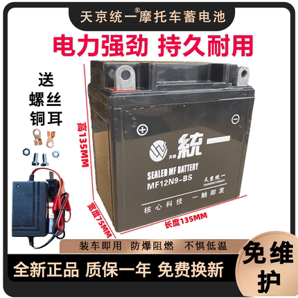 12V摩托车电瓶12v9a免维护125弯梁踏板车通用天京统一干电池7ah