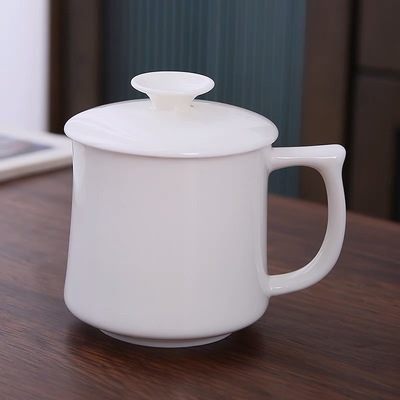 羊脂玉瓷马克杯带盖办公室茶杯陶瓷个人专用水杯家用会议定制杯子