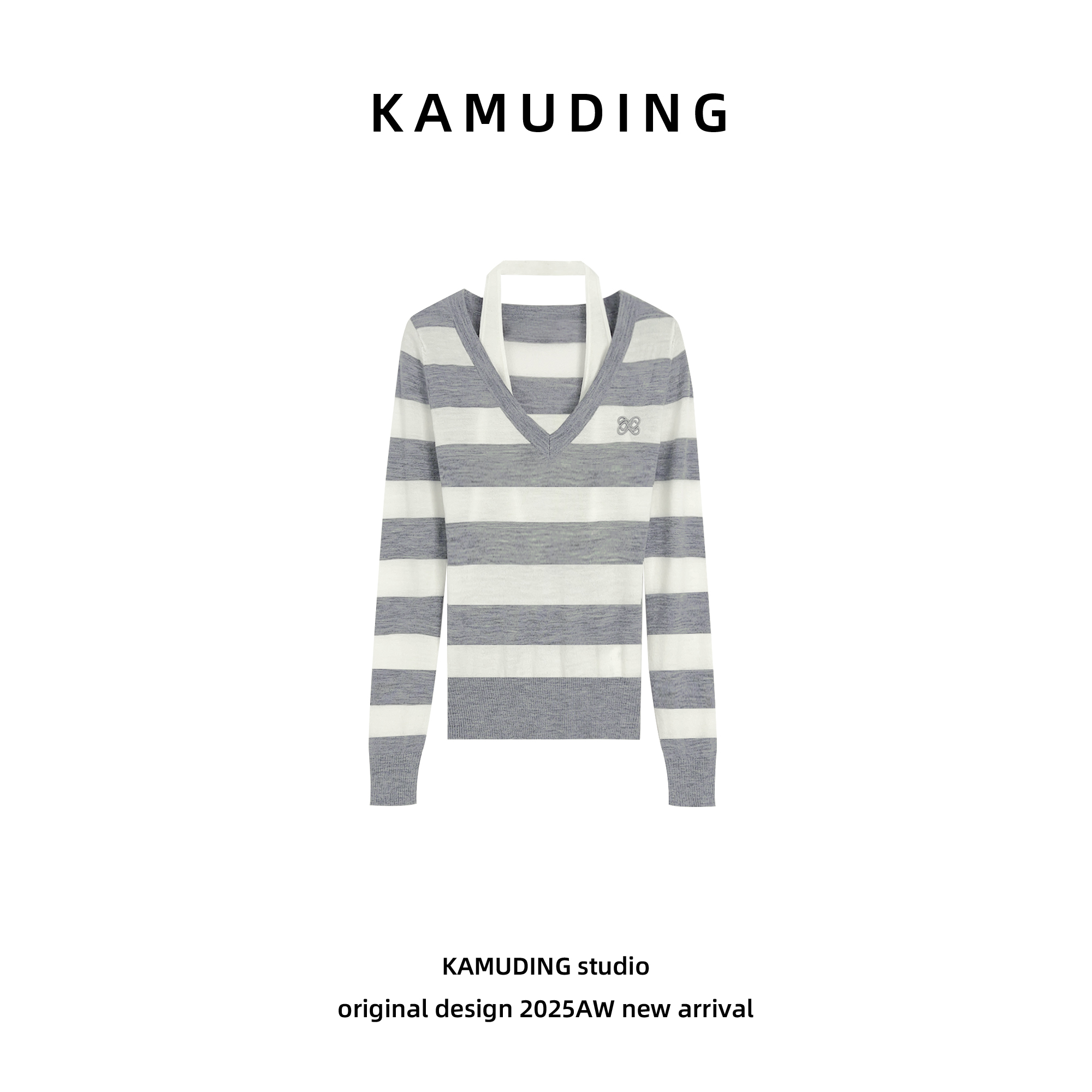 KAMUDING2025新款复古V领长袖针织衫女条纹套头毛衣上衣25573