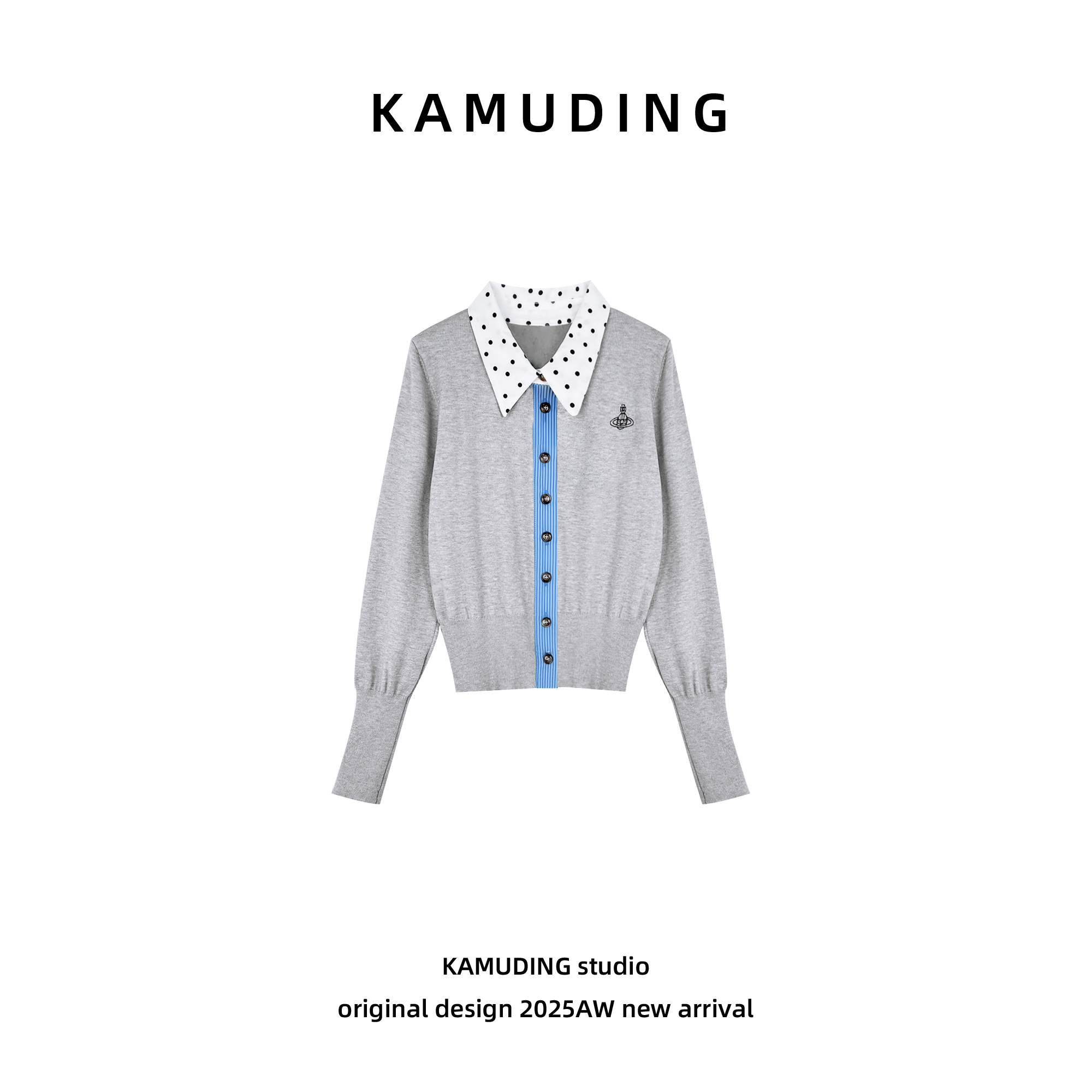 KAMUDING2025新款A31波点翻领拼接撞色设计感显瘦针织开衫25293