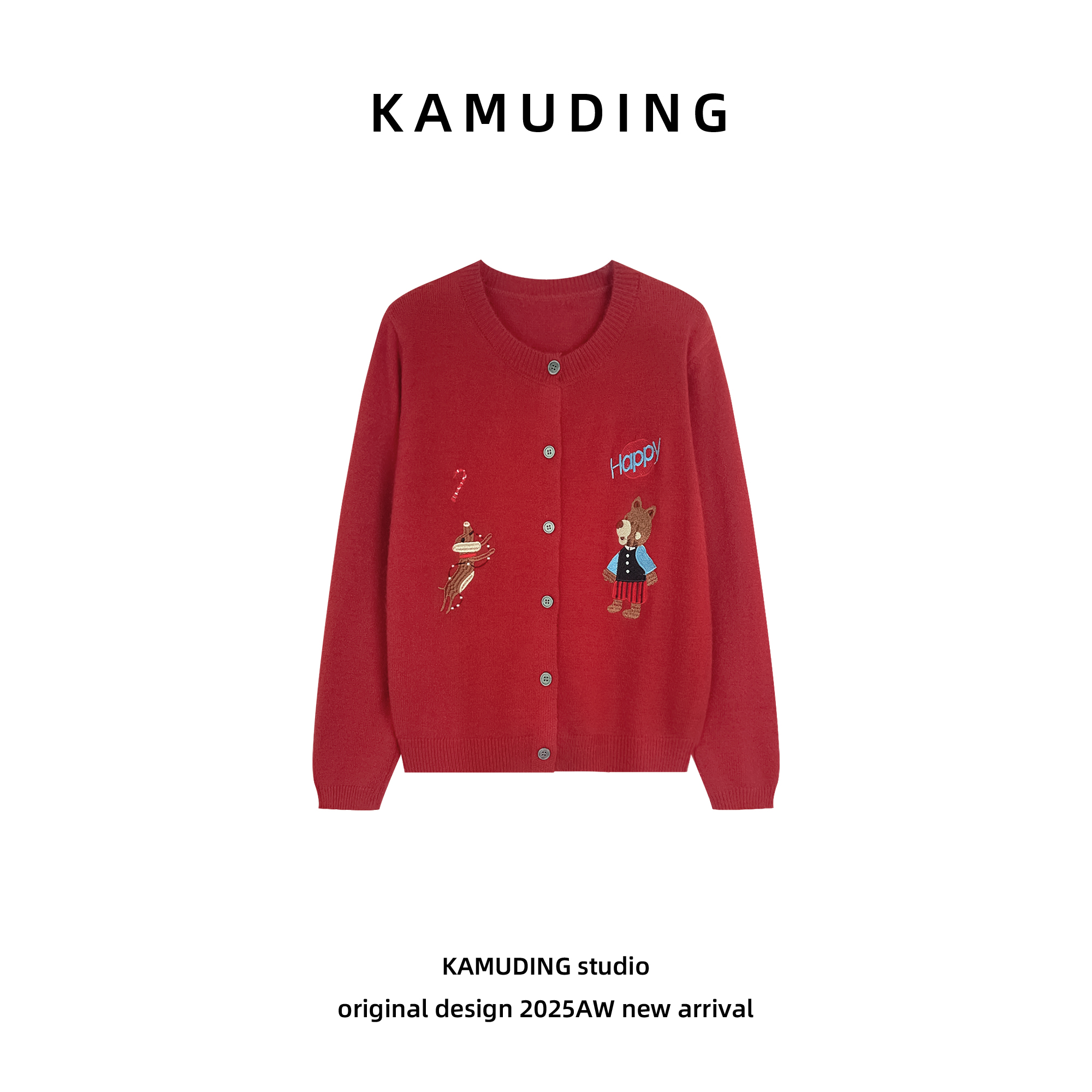 KAMUDING2025新款A61卡通刺绣 针织开衫女秋冬复古红色毛衣25576