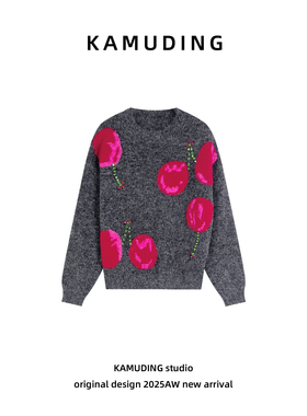 KAMUDING2025新款A32甜美樱花提花圆领宽松软糯针织上衣25365