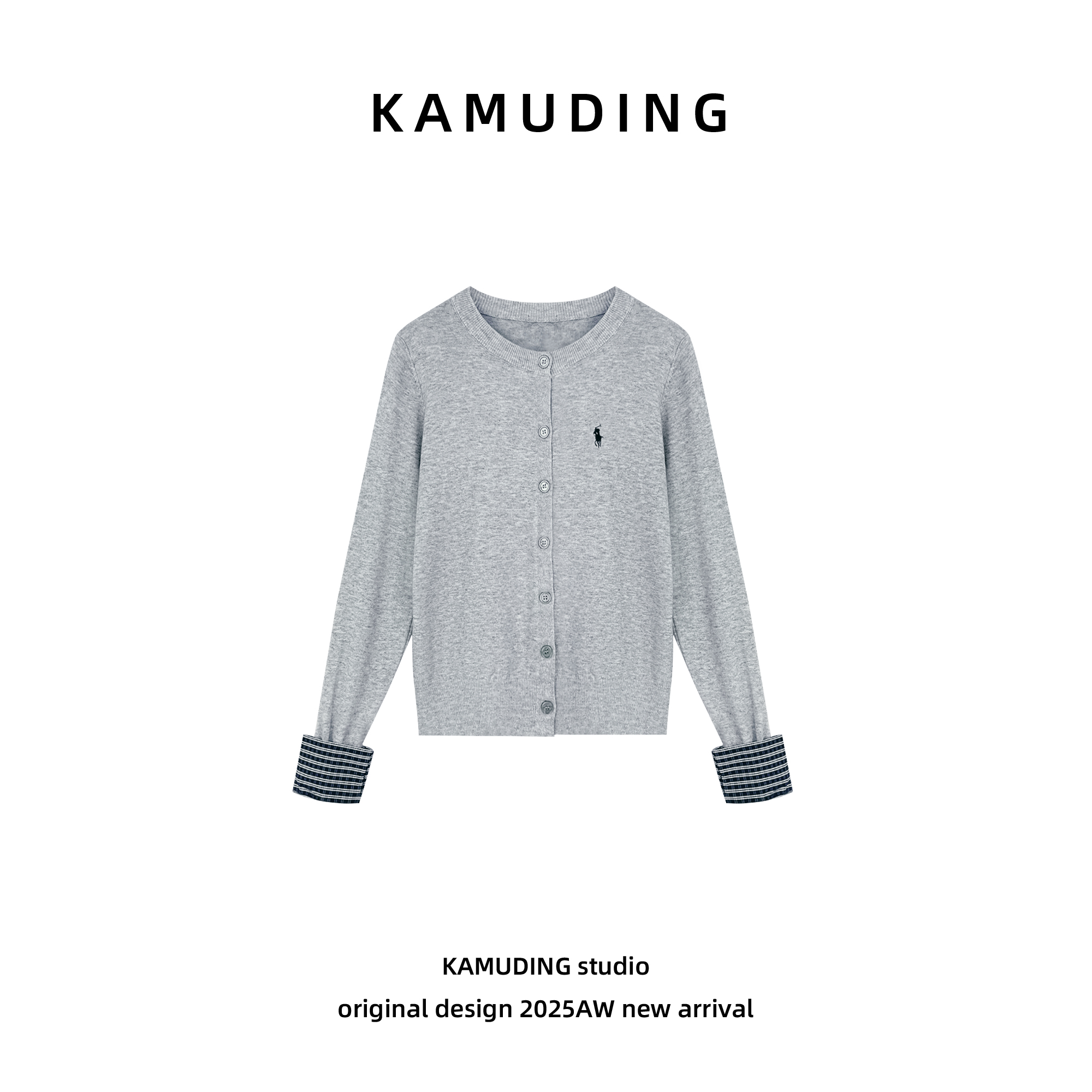 KAMUDING2025新款A61简约精致圆领袖口条纹撞色针织开衫25296