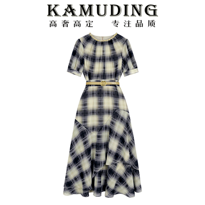 KAMUDING2025夏季新款法式优雅气质格纹镶钻领口短袖连衣裙8679