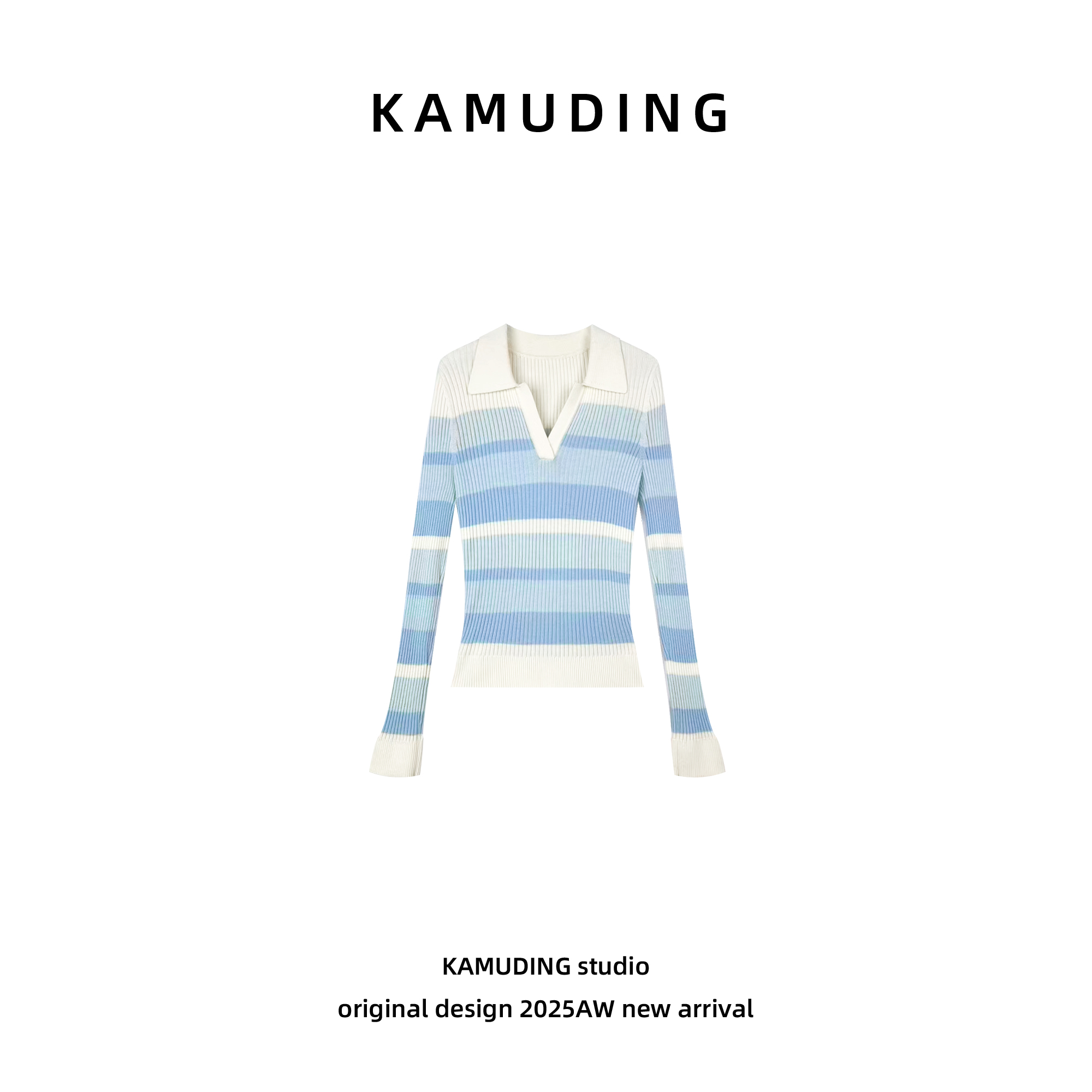 KAMUDING2025新款A8蓝白条纹polo领修身长袖显瘦针织衫上衣25200