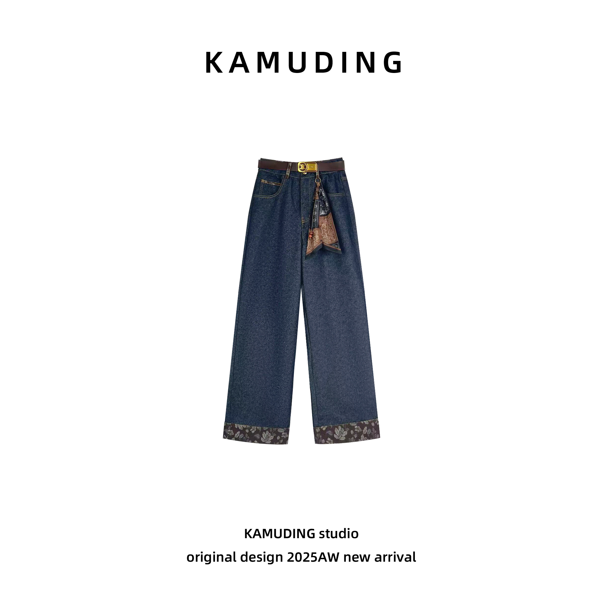KAMUDING2025新款A23潮流花纹裤脚高腰百搭直筒阔腿裤25228