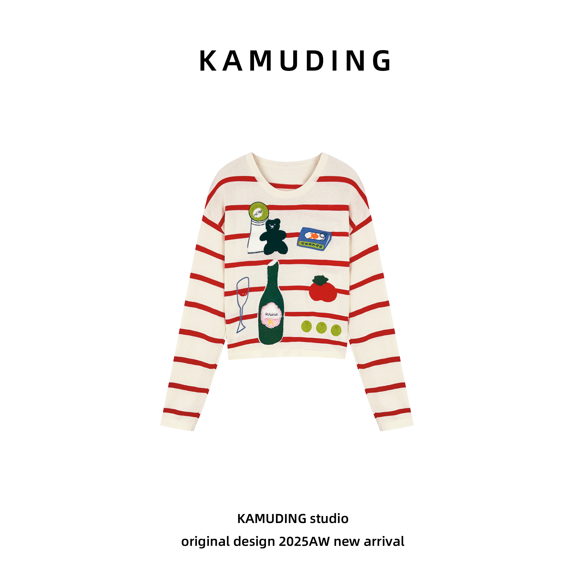 KAMUDING2025新款A62趣味卡通图案红色条纹针织开衫25297