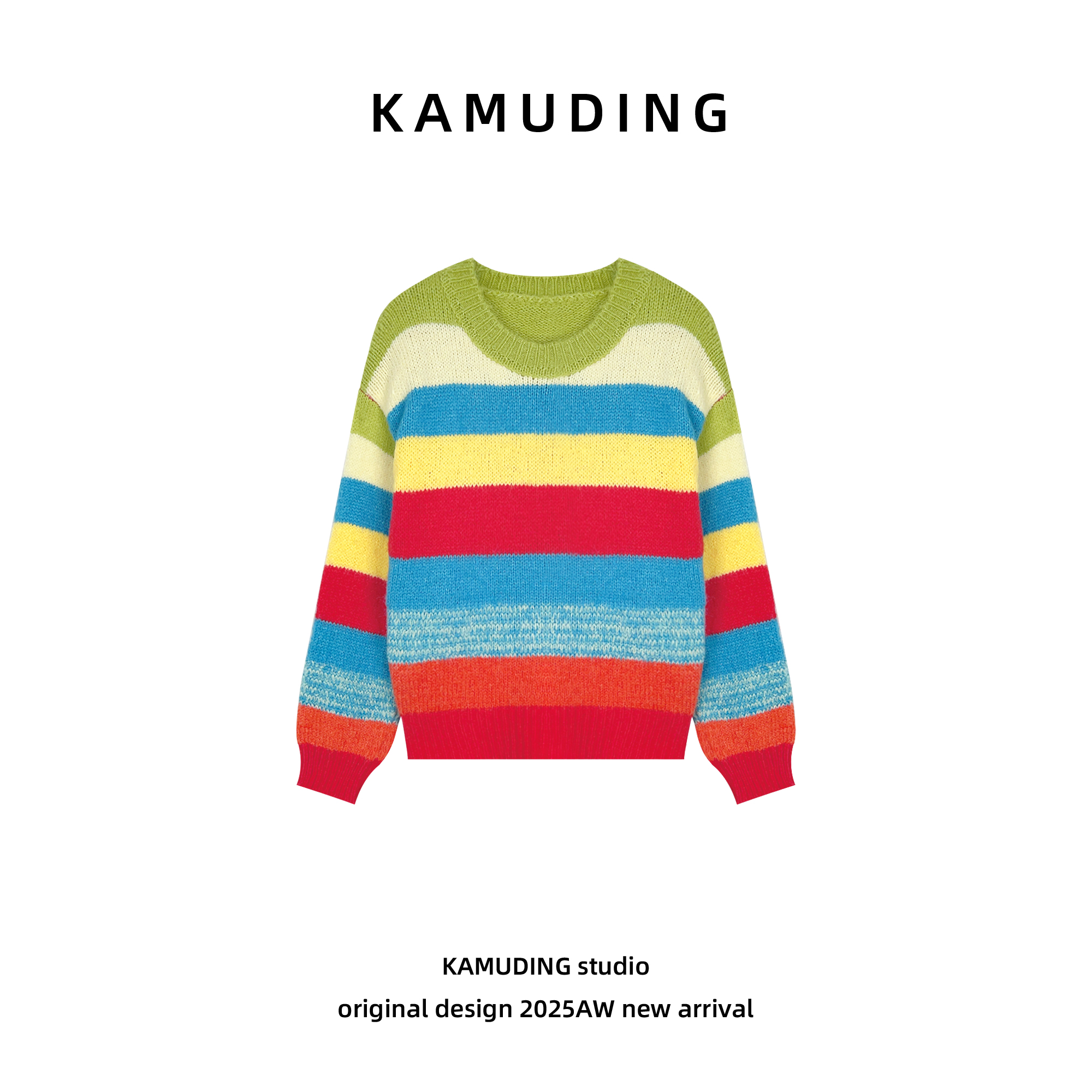 KAMUDING2025新款A40秋冬多彩条纹撞色拼接圆领宽松针织衫25533