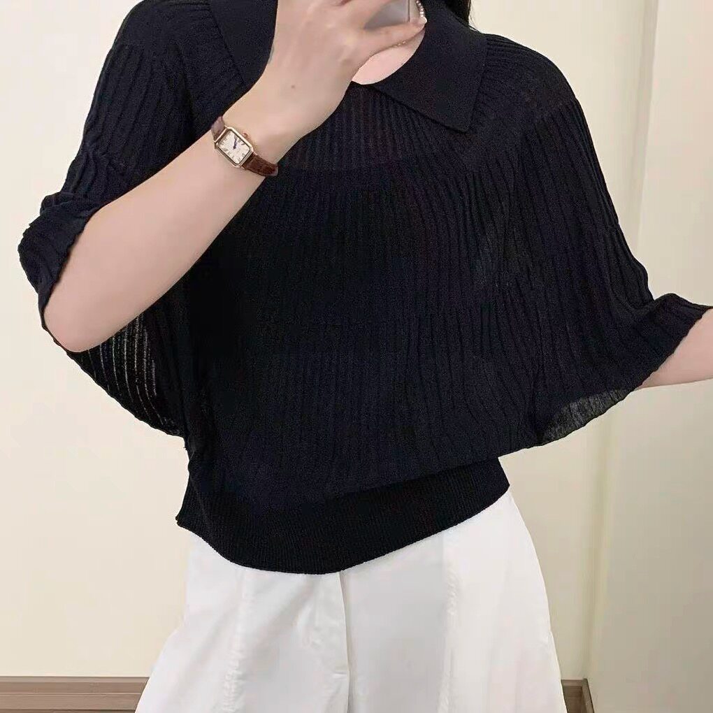 2025年夏季新款polo领蝙蝠袖上衣黑色短袖t恤女时尚蝙蝠衫短款