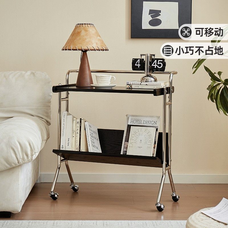 实木沙发边几高级感客厅可移动茶几黑色小推车杂志书架床头置物架