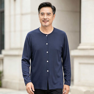 莫代尔长袖开衫T恤衫爸爸男士中老年对襟系扣夏天薄休闲家居上衣