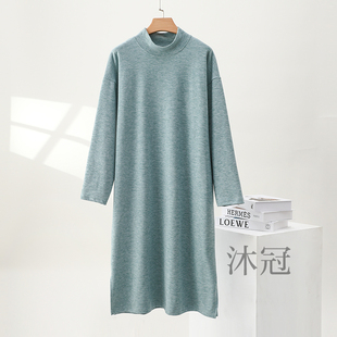 半高领睡裙女士秋冬德绒睡袍护颈睡衣中长款连衣裙大码连体家居服