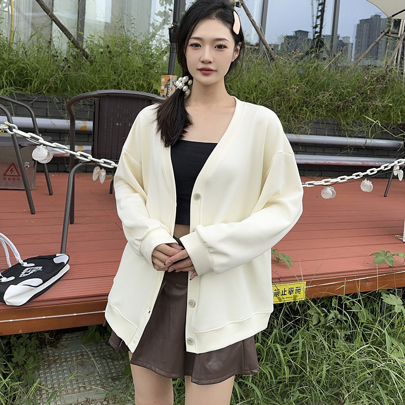 V领单排扣休闲液态棉开衫外套女