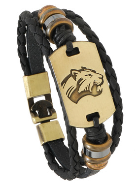 欧美跨境男士皮革手环朋克风合金豹子头手链配饰串珠对扣手镯