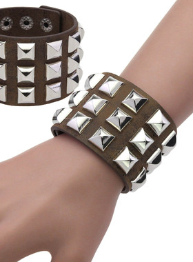 欧美新款配饰三排方钉手镯朋克高档皮革宽手链个性复古机车手