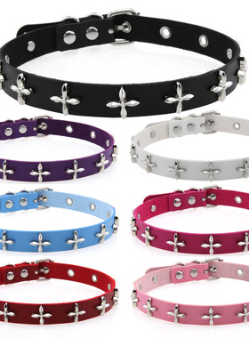 甜酷辣妹PU皮革金属项链项圈锁骨链朋克个性十字花花铆钉颈链