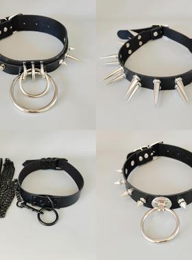 暗黑哥特朋克双层尖铆钉项圈PU皮双排铆钉尖钉choker项链锁骨链