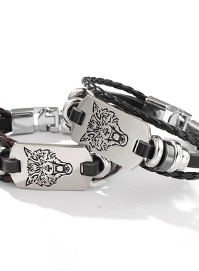 义乌小饰品批发跨境爆款编织PU手环狼头个性时尚通勤男士手链