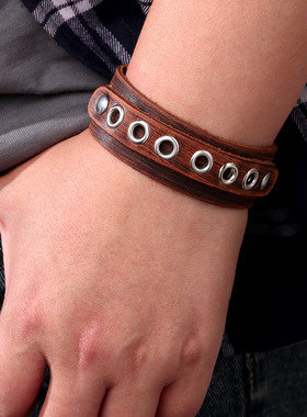 Temu新款真皮手链欧美跨境热销金属扣手环复古时尚牛皮饰品男