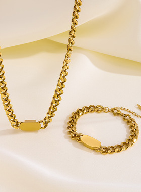 欧美粗链条钛钢项链潮网红ins嘻哈小众冷淡风手链套装不掉色配饰