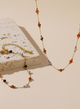 跨境小众设计彩珠串欧美项链女锁骨链不掉色新款钛钢网红冷淡饰品