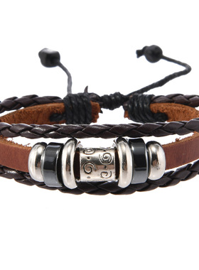 欧美时尚简约牛皮串珠手链个性男士皮革抽拉手绳服饰百搭首饰