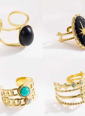 椭圆形开口14K金手指环钛钢复古