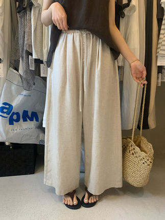亚麻天丝九分阔腿裤韩系简约松紧腰抽绳宽松显瘦直筒阔腿裤女潮