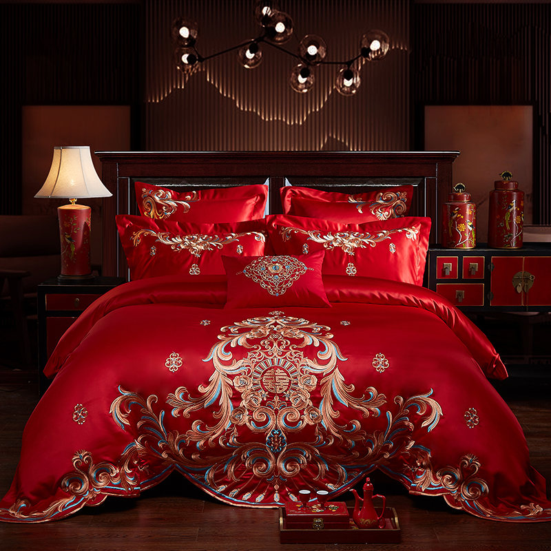 新中式结婚四件套红色婚庆100S纯棉囍嫁龙凤百子刺绣被套婚房床品