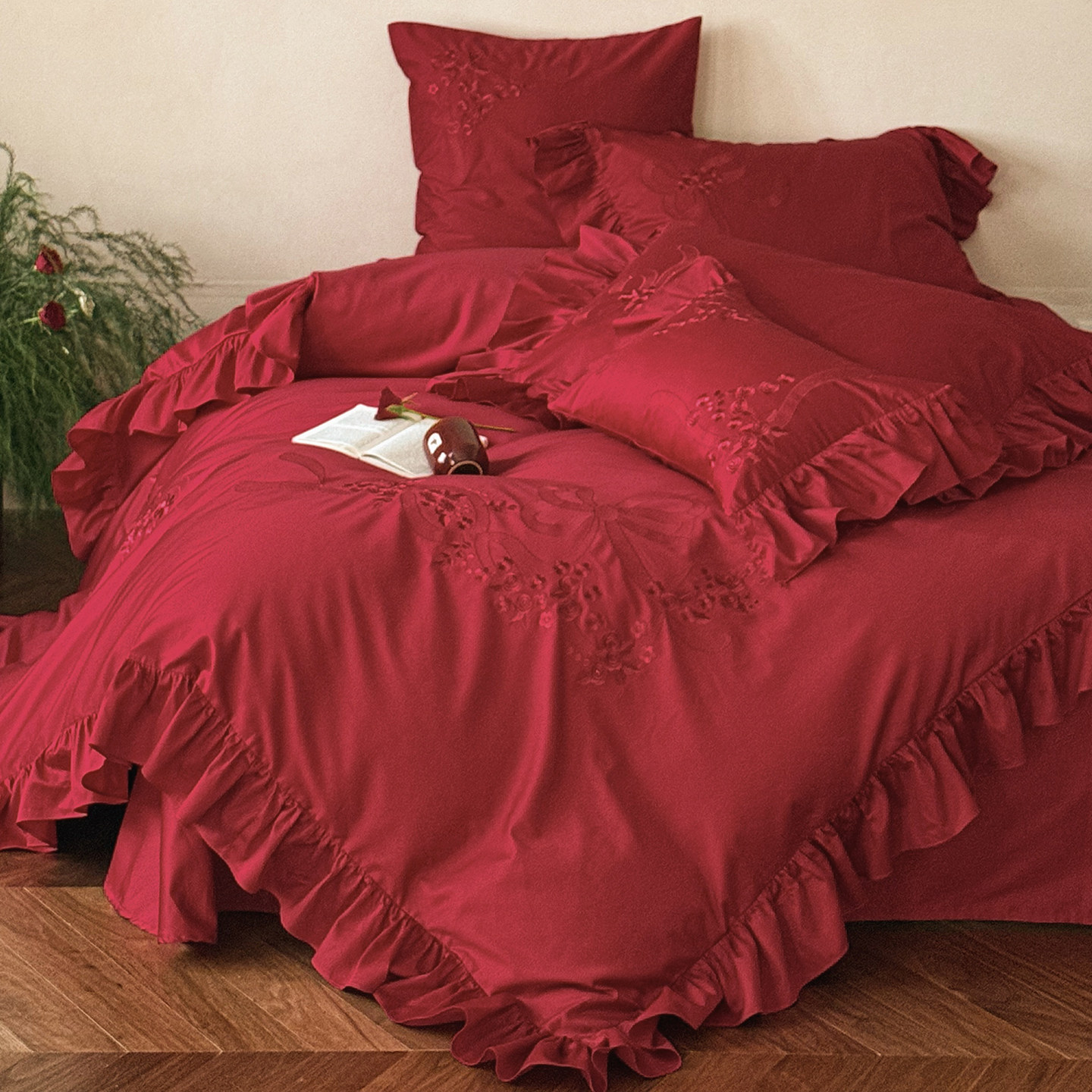 坤花家纺公主风婚庆四件套100S纯棉玫瑰花边被套红色全棉结婚床品