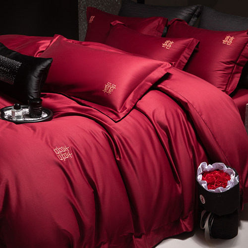 坤花100支长绒棉刺绣结婚四件套