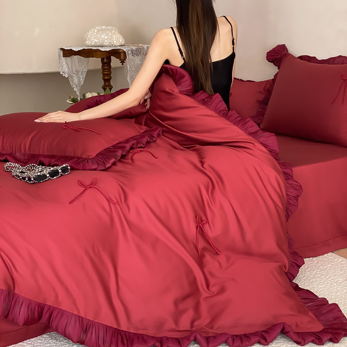 法式天丝棉婚庆四件套蝴蝶结被套红色纯棉结婚陪嫁公主风喜被床品