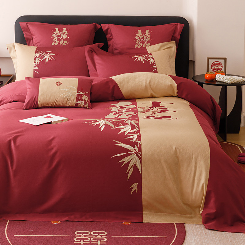 新中式竹韵婚庆四件套100S澳棉纯棉被套红色喜庆结婚床单床上用品,床上用品,婚庆床品套件,淘宝优惠券,粉丝福利购,淘宝优惠卷
