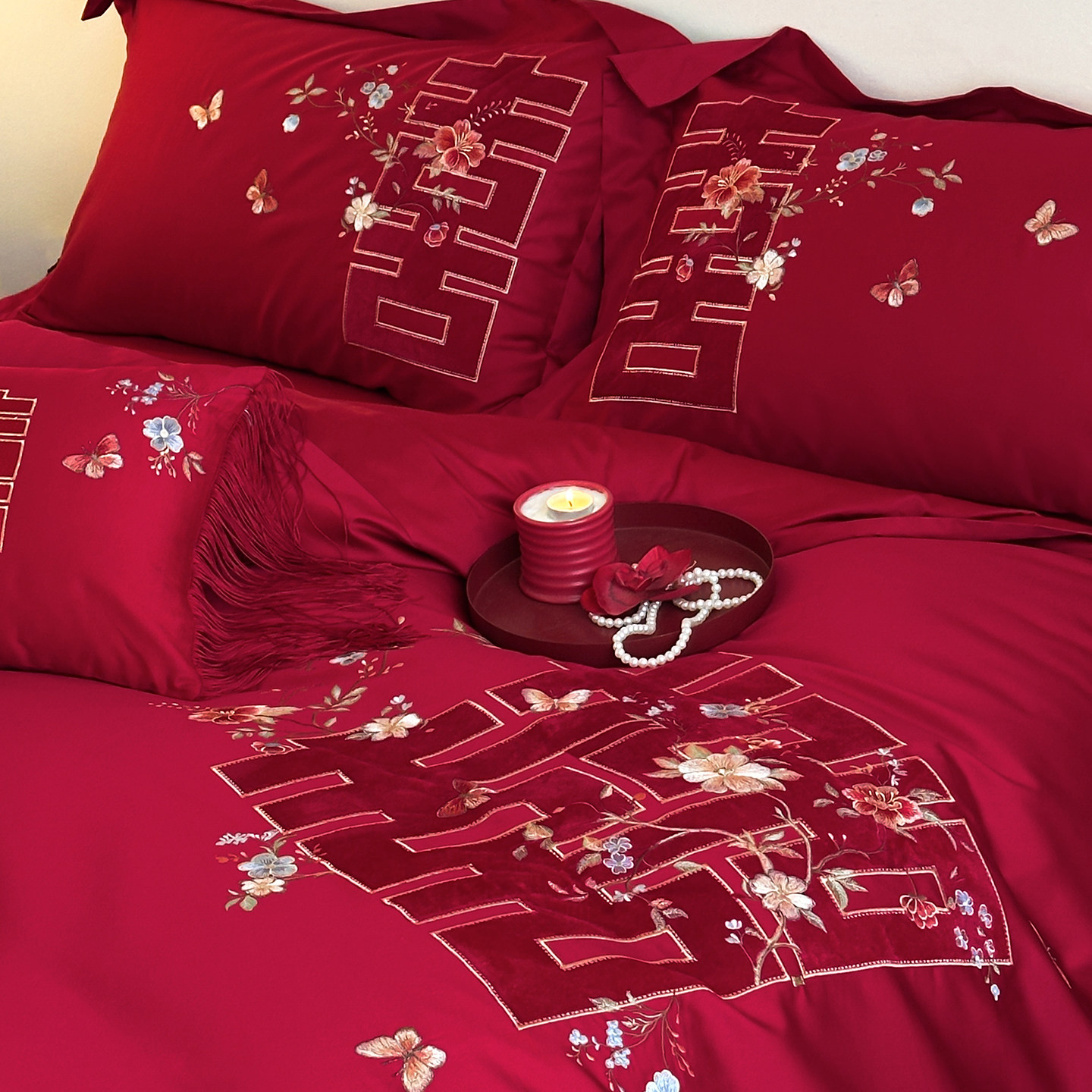 坤花家纺新中式婚庆四件套100S长绒棉纯棉被套红色陪嫁结婚用床品,床上用品,婚庆床品套件,淘宝优惠券,粉丝福利购,淘宝优惠卷