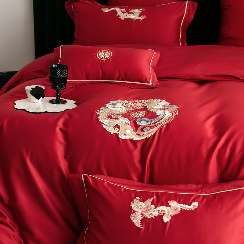 龙凤呈祥婚庆四件套100S长绒棉纯棉被套红色喜庆结婚陪嫁床上用品