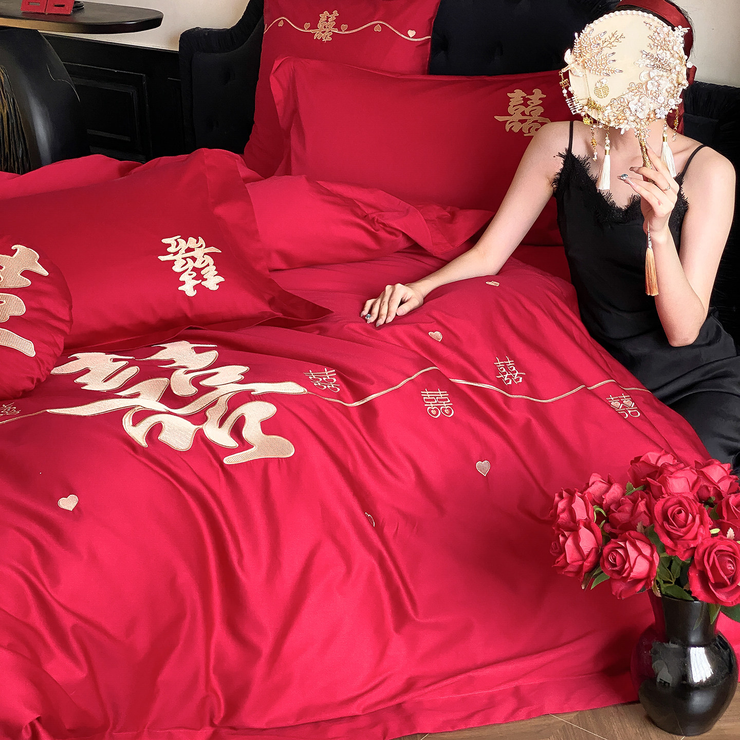 中式婚庆100支长绒棉刺绣四件套